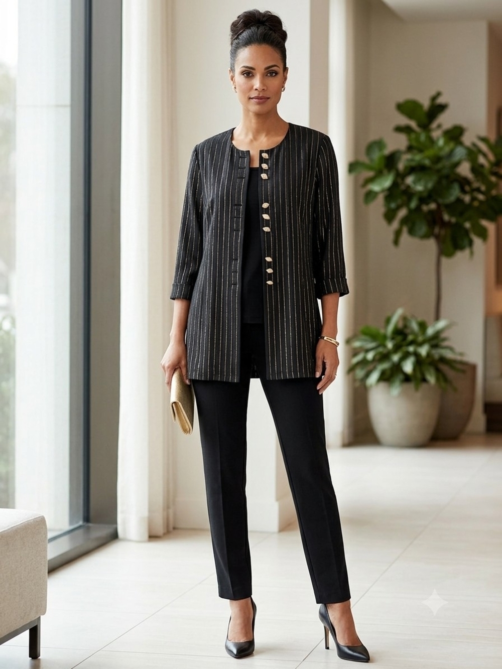 Vintage Pride & Joy Black Gold Pinstripe Longline Jacket Size 20 EUC P2P 24.5 In